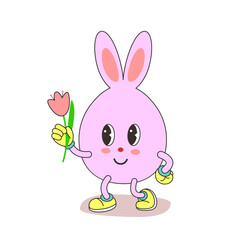 Easter bunny with flower. Groovy, trendy 70s cartoon style. Flat vector. Groovy, trendy 70s cartoon style.