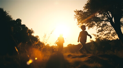 Silhouette of Children playing in open air, golden hour, Generative AI