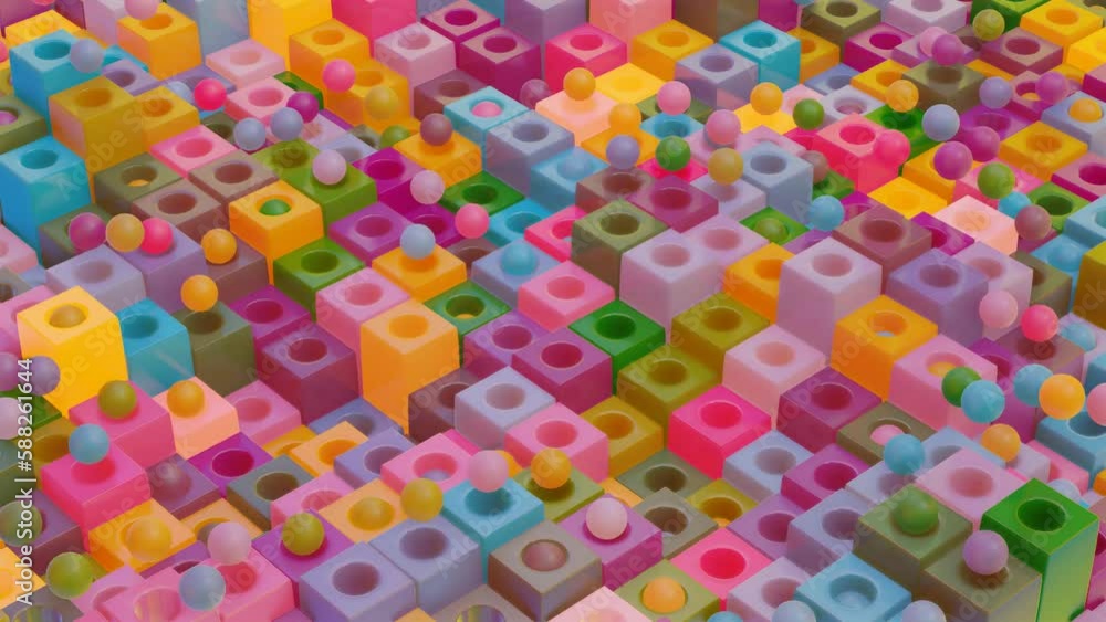 Aufkleber looped abstract animated background. colorful cubes with holes and spheres blink and move. 3d render