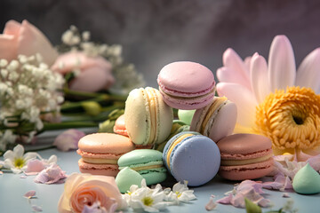 Fototapeta na wymiar Delicious spring decoration of sweets on the table, fresh, sweet pastel cookies, macaroons. Tasty dessert and spring flowers. Illustration, Generative AI.