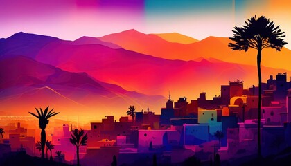 - Marrakech from Morocco illustration Abstract colorful Background Landscape of mountains, Sakura trees, illustration, gradient colors, dreamy background, building's silhouette foreground