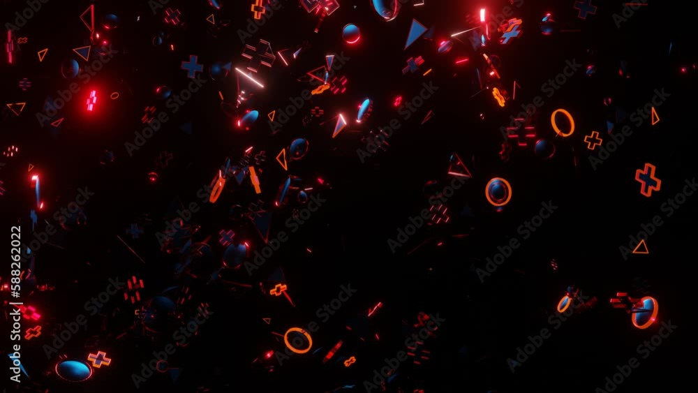 Poster looped abstract animated dark background. flashing 3d figures fly on a black background. 3d render