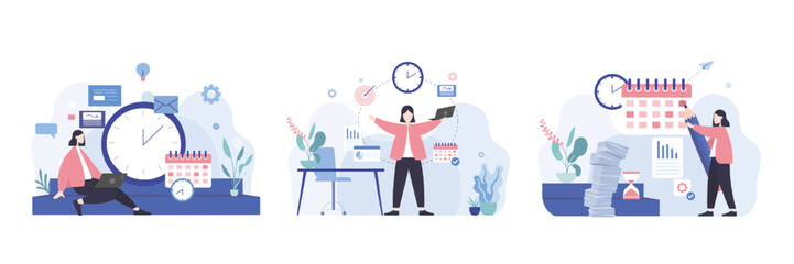 Fototapeta premium Set of colored female cartoon character managing her time. Process of managing schedule. Woman improving productivity and efficiency when working. Vector