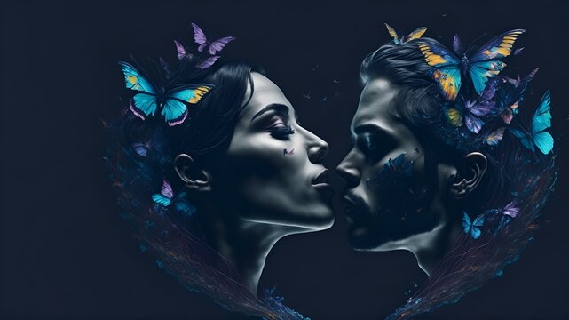 Portrait of couple in love, butterflys on them, feelings. Great for ads, book covers, posters and more.  Generative AI