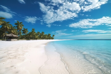 Turquoise clean water, Palm Trees on tropical paradise with white beach. Generative AI.