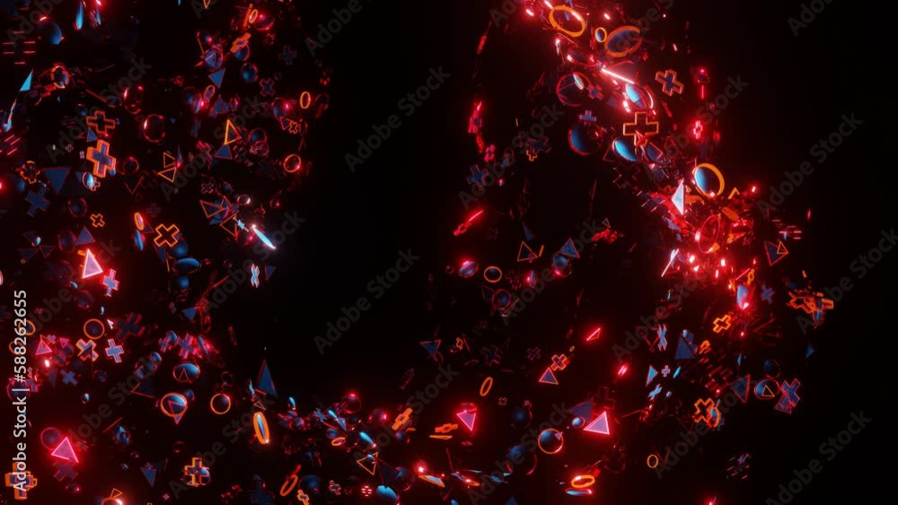 Poster looped abstract animated dark background. flashing 3d figures fly on a black background. 3d render