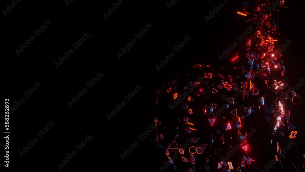 Poster looped abstract animated dark background. flashing 3d figures fly on a black background. 3d render
