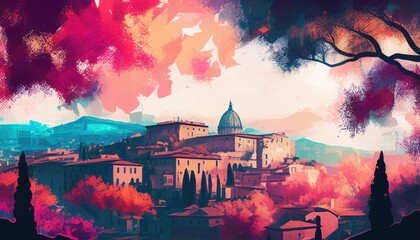 Fototapeta na wymiar - Rome from Italy illustration Abstract colorful Background Landscape of mountains, Sakura trees, illustration, gradient colors, dreamy background, building's silhouette foreground