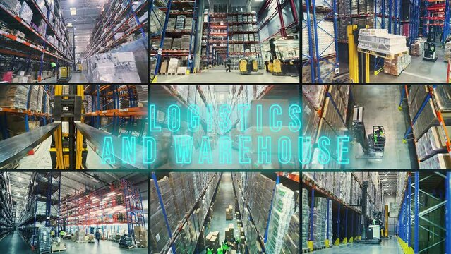 Logistics and warehouse inscription. Logistics and warehouse infographics. Logistics and warehouse opener.