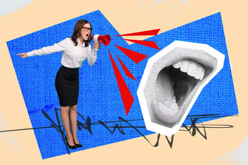 Vertical creative pop collage image picture artwork of mad crazy angry lady scream hate workers...