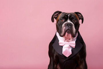 Creative, abstract, funny animal portrait, cute dog in a stylish fashion suit, elegant animal in a tuxedo ready for a luxurious date. Illustration, Generative AI.