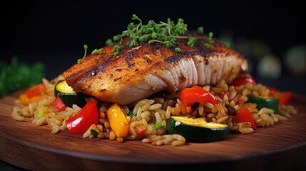 Healthy food concept. Delicious fish food made of grilled tilapia. A balanced meal