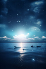 Fototapeta na wymiar A flock of dolphins splashes in the open sea at night among the glowing stars reflected in the water. AI Generated