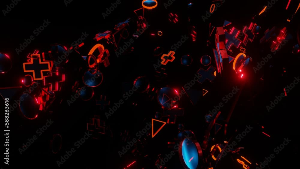 Poster looped abstract animated dark background. flashing 3d figures fly on a black background. 3d render