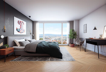Large bright bedroom in Scandinavian style. AI Generated