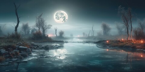 Mystic Foggy River Water Surreal Space Landscape. Surreal landscape of the bright full moon reflecting on river water with planets in space
