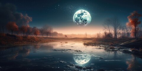 Fototapeta na wymiar Mystic Foggy River Water Surreal Space Landscape. Surreal landscape of the bright full moon reflecting on river water with planets in space