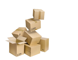 Cardboard boxes falling isolated on blue background - 588264026
