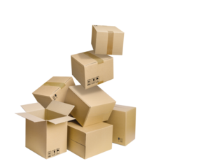 Cardboard boxes falling isolated on blue background