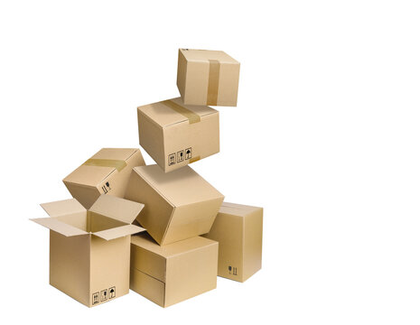Cardboard boxes falling isolated on blue background