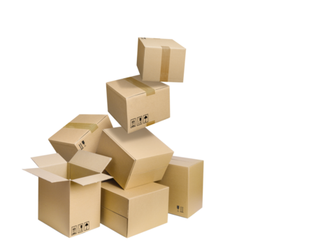 Cardboard boxes falling isolated on blue background