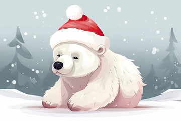 cute cartoon polar bear on the white background with christmas santa hat on snow winter, generative AI