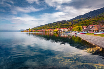 Calm spring cityscape of Peshtani town. Stunning morning scene of Ohrid lake, North Macedonia,...