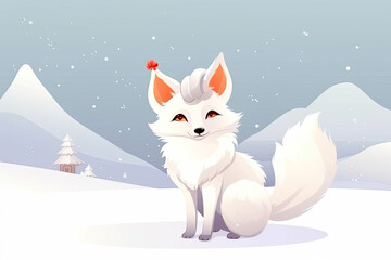 cute cartoon white fox on the white background with christmas santa hat on snow winter at sunset, generative AI