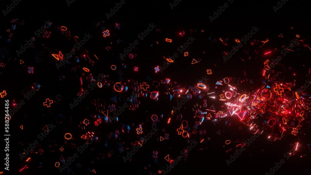 Poster looped abstract animated dark background. flashing 3d figures fly on a black background. 3d render