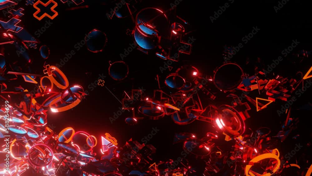 Poster looped abstract animated dark background. flashing 3d figures fly on a black background. 3d render