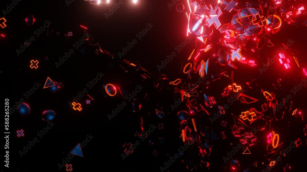 Poster looped abstract animated dark background. flashing 3d figures fly on a black background. 3d render