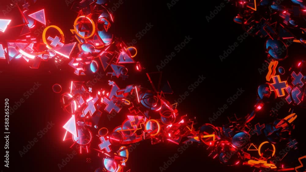 Poster looped abstract animated dark background. flashing 3d figures fly on a black background. 3d render