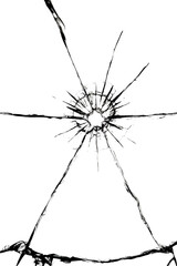Texture of cracks on the glass from the shot. Cracked glass for design. Cracks on a white background