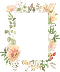 Fototapeta na wymiar Frame of watercolor leaves and flowers of lily and protea