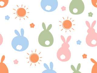 Seamless pattern with Easter bunny rabbit cartoons, sun, and flower on white background vector.  