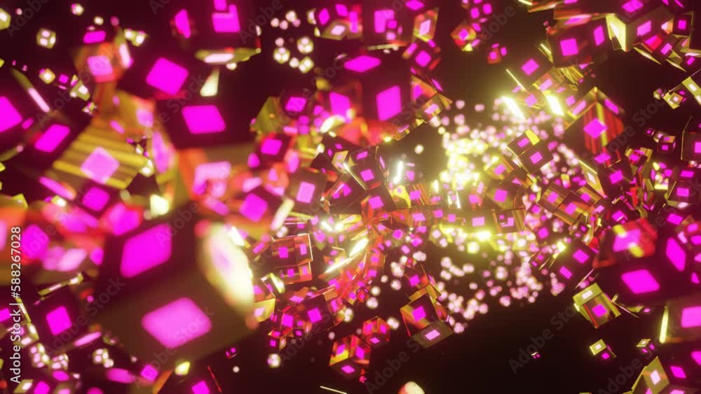 Poster looped abstract animated dark background. flashing 3d cubes fly on a black background. 3d render