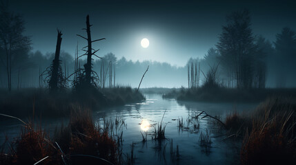 swamp at night - obrazy, fototapety, plakaty