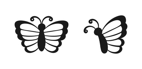 Cute Butterfly Icon Front And Side View Silhouette Set. Spring Summer Nature Logo Design