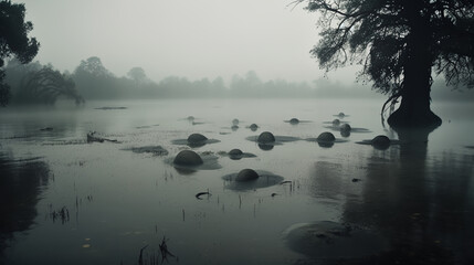 misty morning in the forest swamp - obrazy, fototapety, plakaty