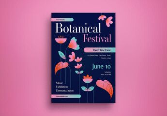 Dark Blue Gradient Botanical Festival Flyer Layout