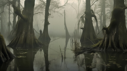 misty morning in the forest swamp - obrazy, fototapety, plakaty