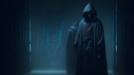 Fototapeta na wymiar A mysterious figure cloaked in a hooded robe, their face hidden in the shadows, standing guard over a digital security, wallpaper Art, Illustration, Generative AI.