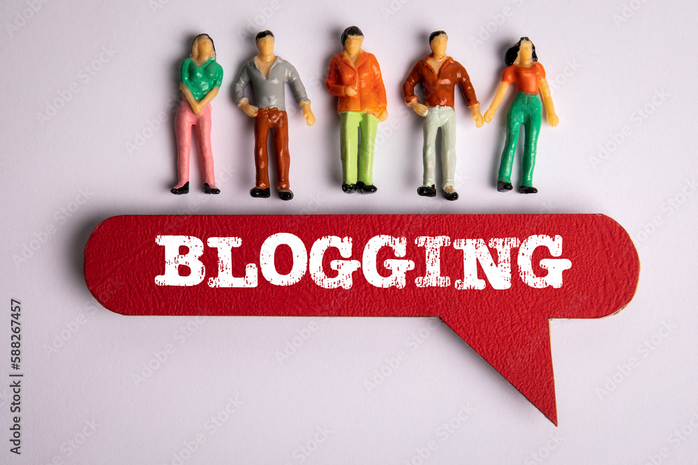 Sticker blogging concept. red speech bubble with text and miniature figures of people on a white background
