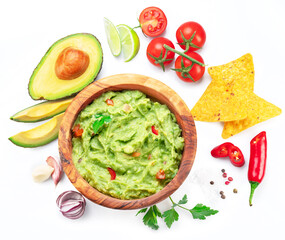 Guacamole and guacamole ingredients isolated on white background.  Flat lay.