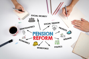 Pension Reform Concept. The meeting at the white office table