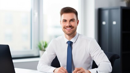 Fototapeta premium A picture of a happy young businessman sitting at a desk in a modern office. AI-generated images