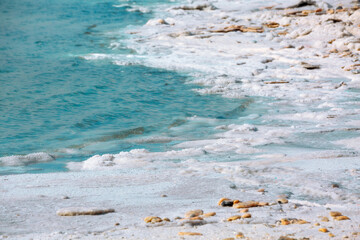 Close-up of Dead Sea salt mineral natural formation crystals in Jordan