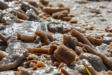 Close-up of Dead Sea salt mineral natural formation crystals in Jordan