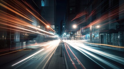 Fototapeta na wymiar Abstract long exposure dynamic speed light rails in city. Generative AI