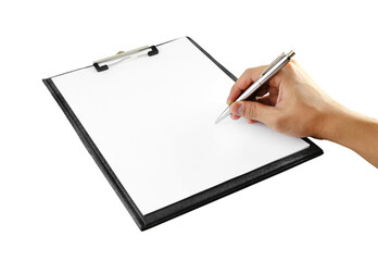 hand with pen writing on clipboard on transparent background png file - obrazy, fototapety, plakaty